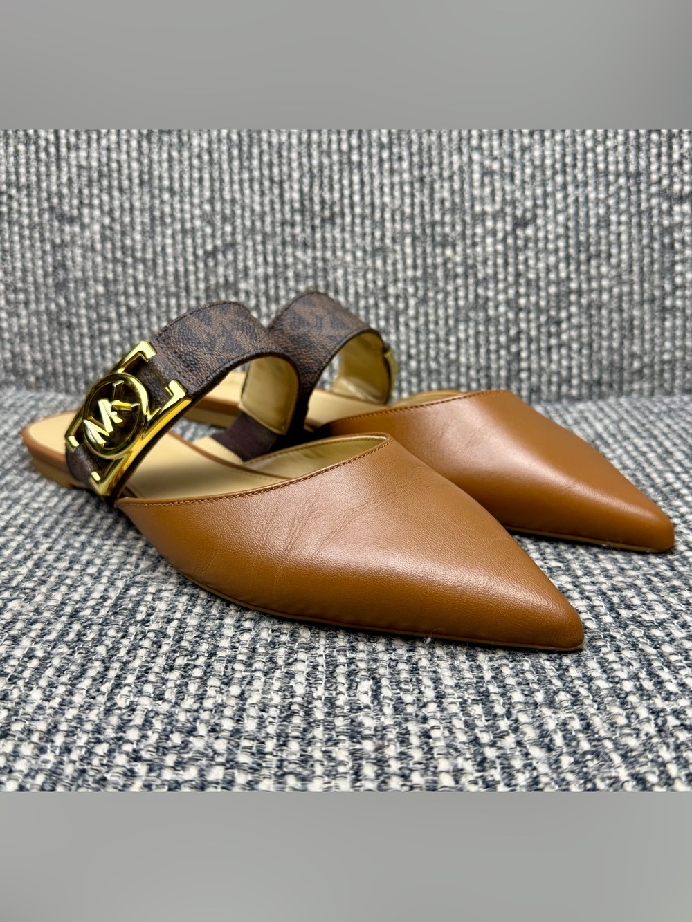 Michael Kors April Flex Flats Womens 7 Brown Luggage Pointed Toe Mule Slides MK
